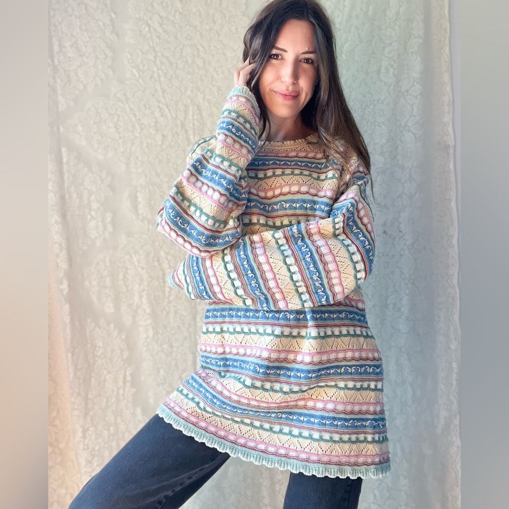 Vintage Pastel Multi-Patterned Knit Crossings Jumper Sweater – 100% Cotton